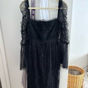 Self Portrait black tulle midi dress with bell sleeve